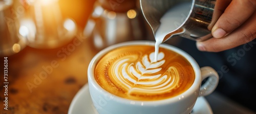 Close up of barista making coffee latte in cafe with blurred background and copy space