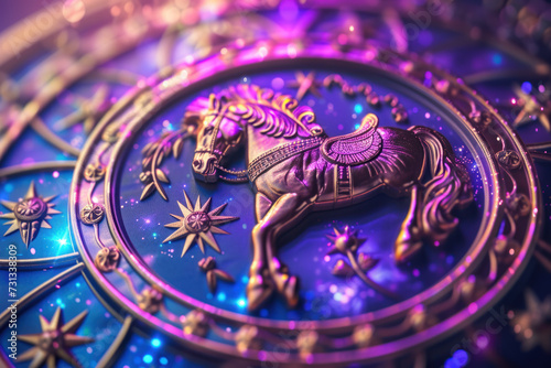 Sagittarius zodiac sign against horoscope wheel. Astrology calendar. Esoteric horoscope and fortune telling concept.