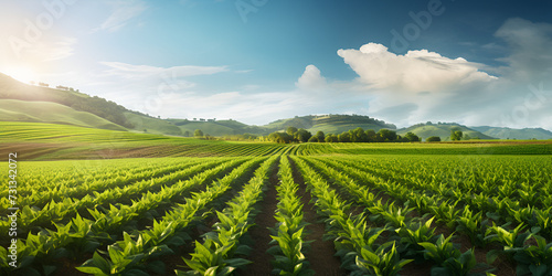 Field of sweet sugar beet growing with blue sky background beet tops for sugar production, green parts of the sugar beet plant in the summer season on an agricultural field.