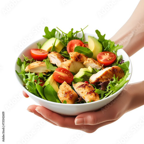 Healthy eating theme illustrated by a woman’s hands holding a bowl with salad, side view, with tomatoes, chicken, avocado, and green leaves, Isolated on Transparent Background, PNG