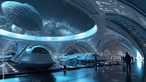futuristic spaceport with spacecraft ready for launch, representing the future of human spaceflight