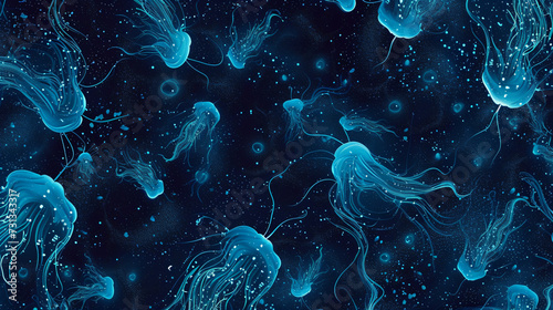 Dive into a mesmerizing underwater realm with this seamless pattern of bioluminescent plankton in the ocean. Let the ethereal glow and intricate details transport you to a magical world of w