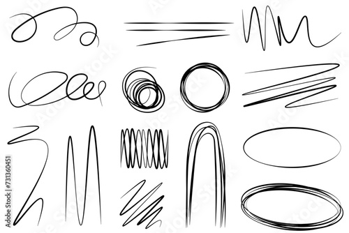 Set of scratch pen lines, hand drawn doodle. Brush stroke, artistic paint, marker texture, vignetting black, scribbles line. Vector illustration