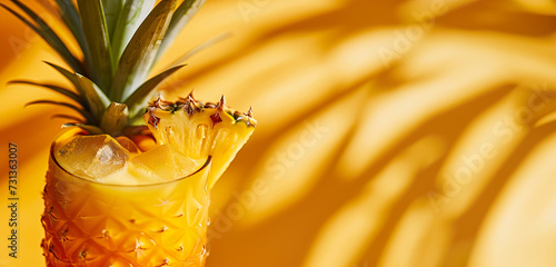 professional close up shot of exotic tropical pineapple ananas cocktail smoothie drink with slice with yellow sunlight studio background for summer bar resort in magazine editorial look