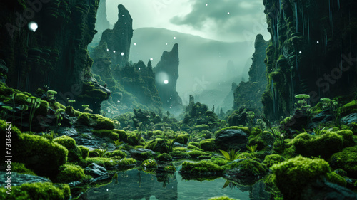 Surreal light green and black alien landscape with exotic plants and animals