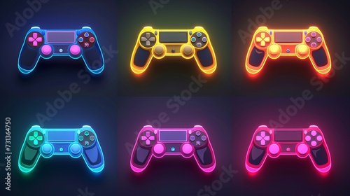 neon joysticks for games and cyber sports in the colors white, blue, orange, yellow, red, purple, and green on a dark background.
