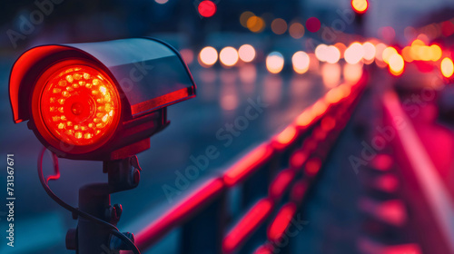 Closeup of a police radar on the city street at night, with cars passing by blurred in the background. Speed limit control on the highway, penalty for speeding, camera helping the law enforcement