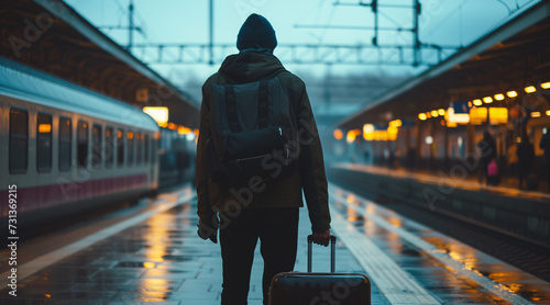 man with suitcase wait on railstation