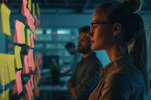 Female UX Architect Has Discussion with Male Design Engineer They Work on Mobile Application Late at Night In the Background Wall with Project Sticky Notes and Other Studio Employees