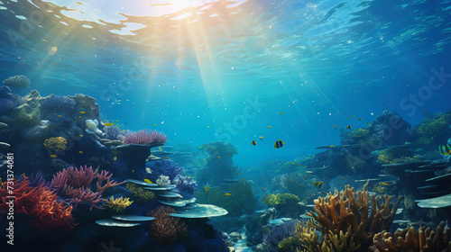 Sunlight illuminating beautiful underwater landscape with colorful coral riffs. Tropical marine nature. Seafloor rich with living organisms. Clean ocean with healthy ecosystem.