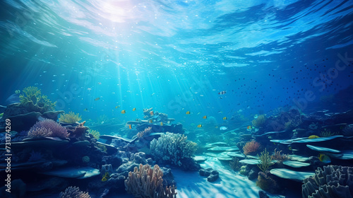 Sunlight illuminating exotic underwater landscape with coral riffs and fish. Tropical marine nature. Seafloor rich with living organisms. Clean ocean with healthy ecosystem.