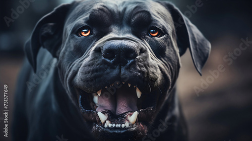 Closeup photography of a dangerous Cane Corso dog breed barking, looking at the camera. Angry and aggressive guard pet outdoors, protection and security, open mouth, big jaw teeth