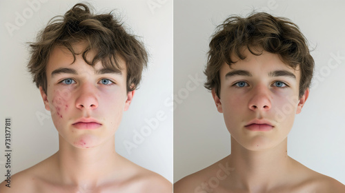 Young teenage boy dermatology acne treatment before and after. Teenager facial skin inflammation or irritation in puberty, pimples or spots, infections and scars, allergy removal compare result