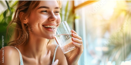 A contented lady savors the refreshing taste of water on a sunny day, her radiant smile reflecting the pure joy of simple pleasures