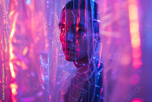 A man's suffocating embrace of magenta, violet, and purple plastic wrap embodies the light and dark of modern art and its ability to both protect and confine