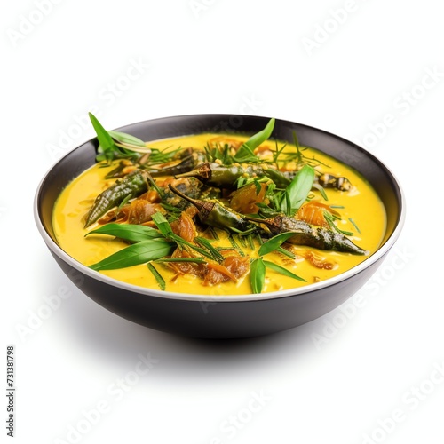 a gulai paku or pakis or curry fern is fern shoots and leafs cooked with curry spices in coconut milk, studio light , isolated on white background