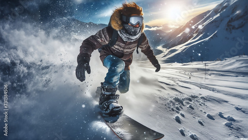 A snowboarder rolls down the slope at high speed and does a trick, surrounded by snow dust.