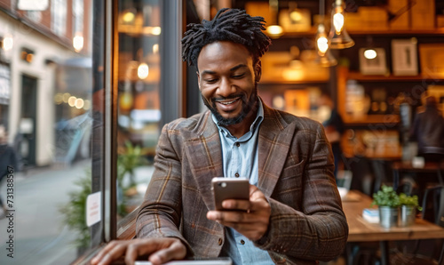 Portrait of happy positive handsome businessman, young black Afro American man looking at screen oh his cell mobile phone and smiling. Technology, business, smartphone concept.