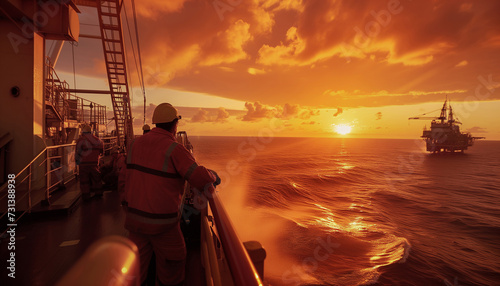 Golden hour photo of oil offshore drill team workers dressed uniform aproaching platform on marine vessel. Petroleum and gas extract and process exploration industry concept wide-angle image.