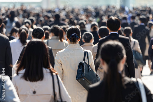 若いスーツ姿の日本人女性（大学生）の歩く後ろ姿