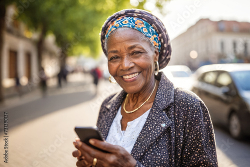 Cheerful senior black African woman with turbant smiling and using mobile phone on the street, natural sunlight with out of focus blurred background, copy space