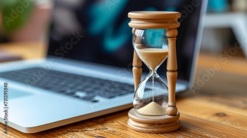 Laptop and hourglass on wooden table, concept of managing time at work