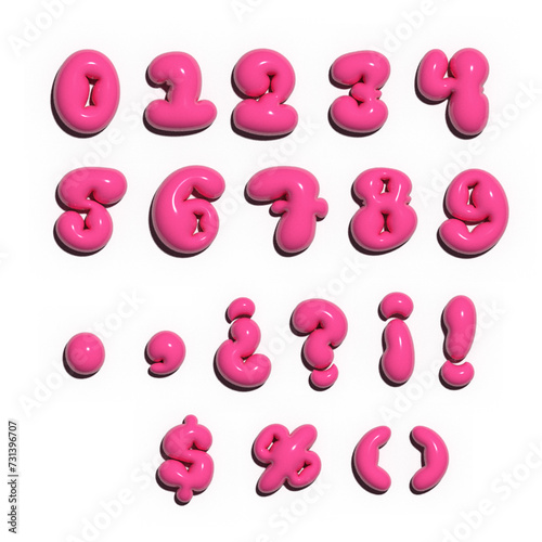 Glossy 3D pink bubble numbers in Y2K style. Realistic vector illustration