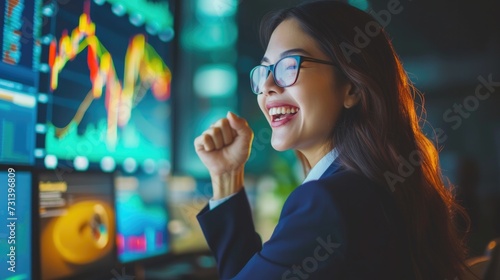 A beautiful young woman sits on a chair, screams, clenches her fists, delighted at the rapid success of an investment business.