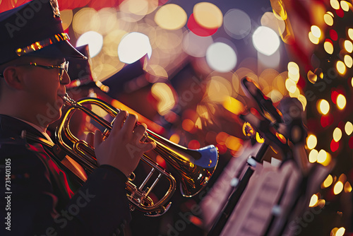 Trumpet Player Performing at a Festive Event with Bokeh Lights in the Background