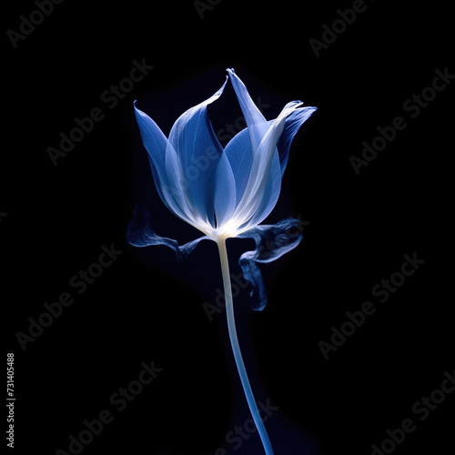 Square banner with copyspace for text. Blue petal. Realistic illustrations of flower in x-rays on dark background. Concept of checking health, wellness, growing plants, botany