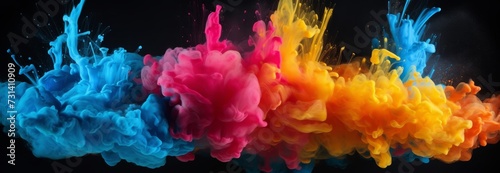 Colorful ink paint splatter smoke explosion background isolated on dark background