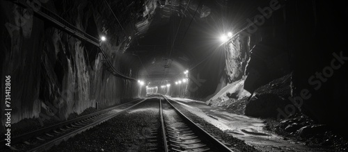 Nighttime view of a black and white tunnel for coal trains.