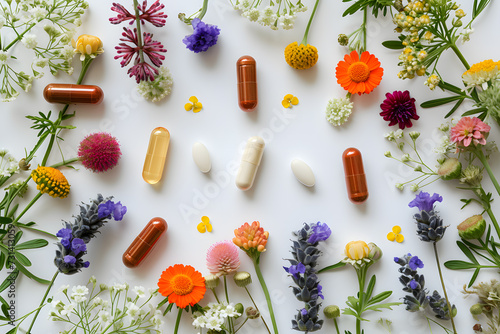 Pills made of herbs and flowers. plastic capsules with pills made from herbs and other plants are used as an alternative drug on a white background. alternative medicine concept. Generative AI