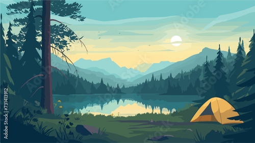 Daytime forest clearing flat color vector illustration.