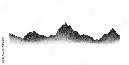 Grain stippled mountain range. Dotted landscape terrain silhouette. Black and white grainy hill chain. Grunge noise mountain peak background. Dot work texture wallpaper. Vector scenery illustration
