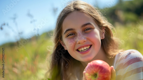 Garota jovem segurando uma maçã vermelha ao ar livre