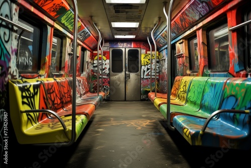 Empty subway train full of graffiti 