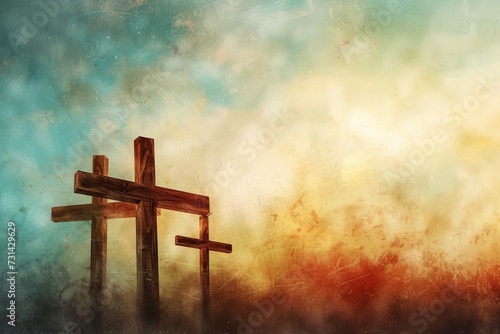 Rustic Wooden Crosses Against Textured Sky, Three rustic wooden crosses stand silhouetted against a textured sky, Christianity copyspace background, evoking a spiritual and contemplative mood.