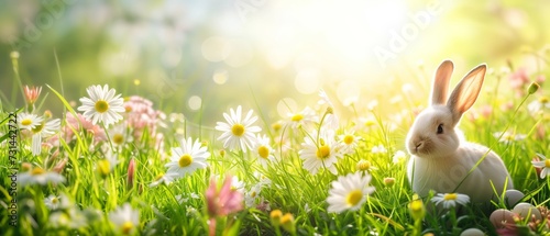 Easter Bunny in Sunny Spring Meadow with Daisies and Eggs, wide banner width