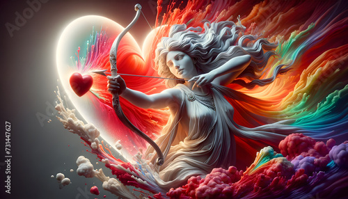 The visualization of Venus as described, emerging from a heart-shaped window and pretending to shoot an arrow through a vibrant color spectrum towards a crimson heart, has been created