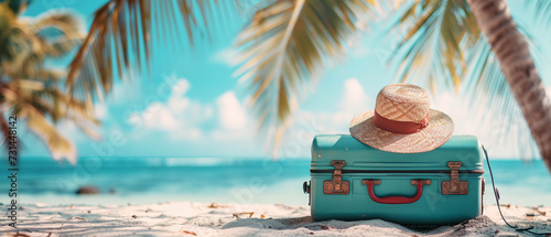 Vintage Suitcase and Hat on Tropical Beach Scene