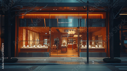 Facade of a sleek jewelry store, sophisticated, shiny, luxurious, secure, downtown, Mirrorless. Portrait lens, night, fashion photography, color film.