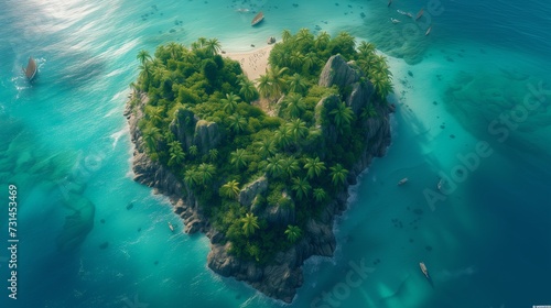 tropical island in the ocean in heart shape