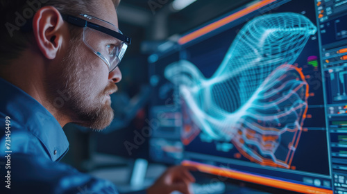 Zoomed-in image of an aerospace engineer designing a supersonic aircraft wing, computational fluid dynamics simulation on screen