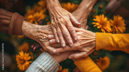 Close-up of family members' hands joined in celebration, emphasizing the warmth of human connection, in a Lifestyle and People