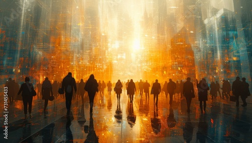 Digital art of people in a networked, glowing, futuristic city