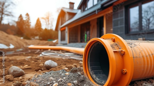 installation of a sewage plastic pipe during the construction of a house. Creative Banner. Copyspace image