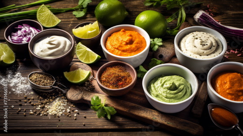 An inviting selection of homemade dips and sauces in terracotta bowls, garnished with fresh herbs