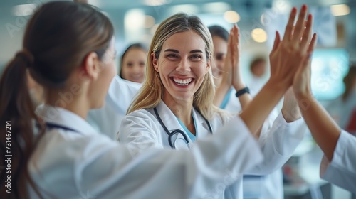 High-Five for Healthcare Team Success, Medical professionals share high-fives in a moment of team success and camaraderie in a bright hospital setting, symbolizing collaborative achievement