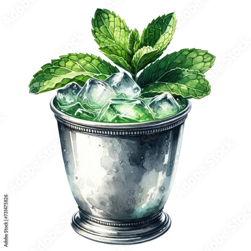 Mint Julep Cocktail Watercolor Illustration with Mint Garnish, Elegant Stainless Steel Julep Cup Design PNG, Isolated on Transparent Background for Sophisticated Drink Menus and Bar Decor